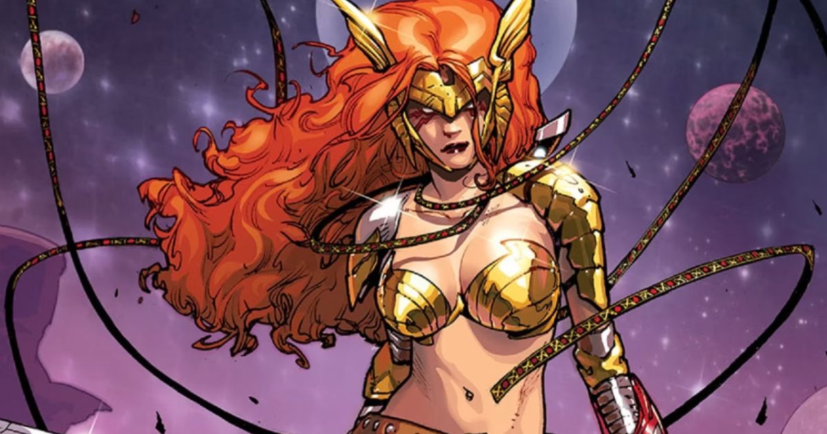 a photo of thors sister angela, an athletically built woman with curly red hair
