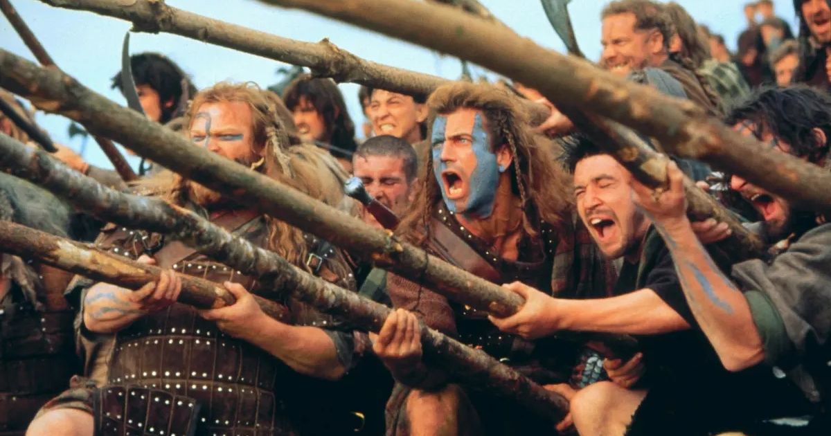 Mel Gibson como William Wallace e outros guerreiros escoceses
