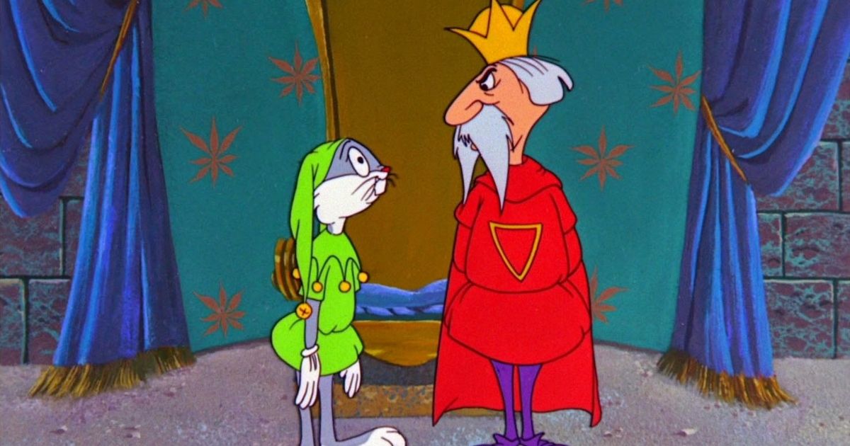 Bugs Bunny dressed as a jester facing King Arthur in Knighty Knight Bugs