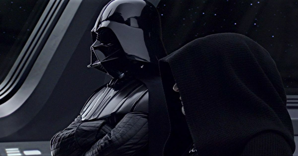 Darth Vader and Palpatine watch the construction of the first Death Star.