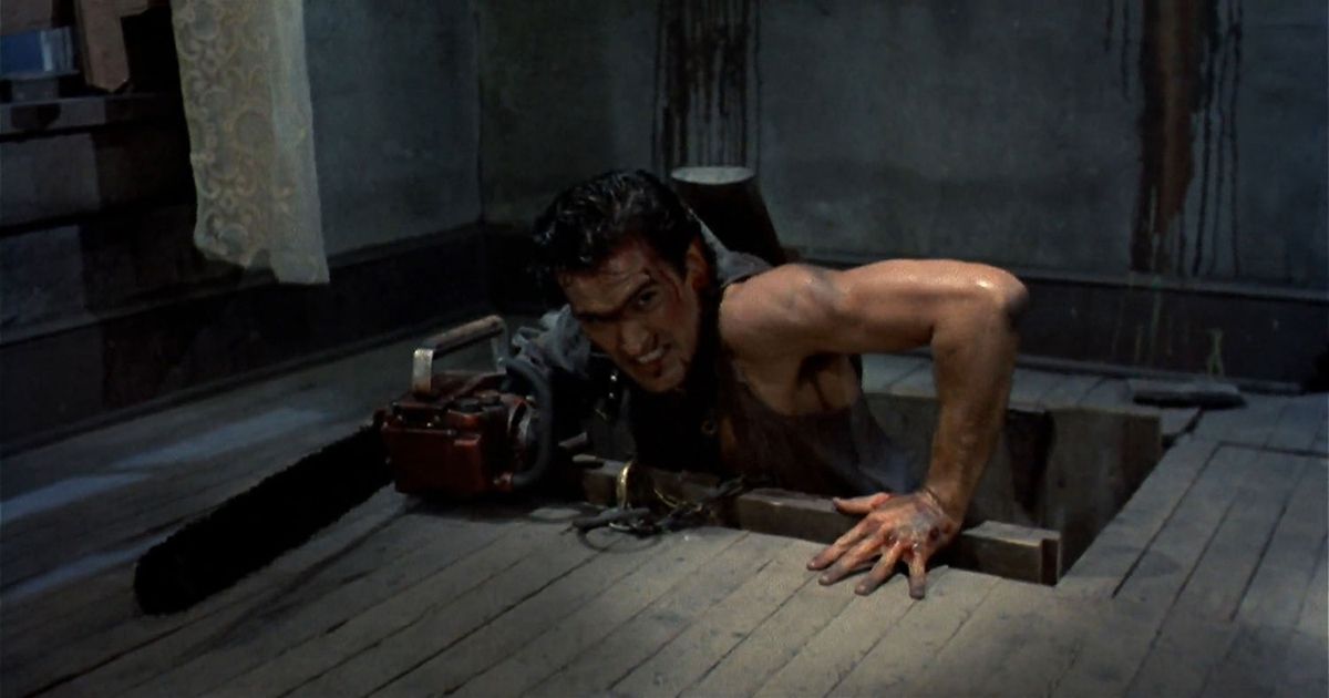 Bruce Campbell with the chainsaw arm in Evil Dead 2