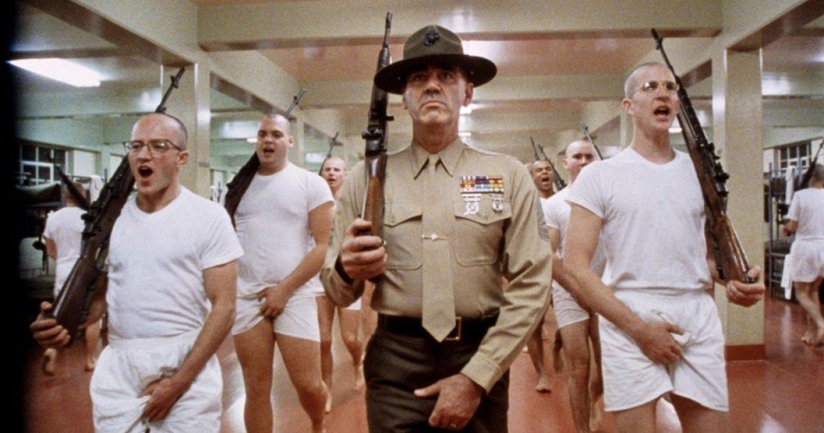 soldiers in their underwear with rifles in Full Metal Jacket