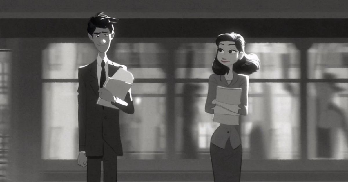 George and Meg in Paperman waiting for their train