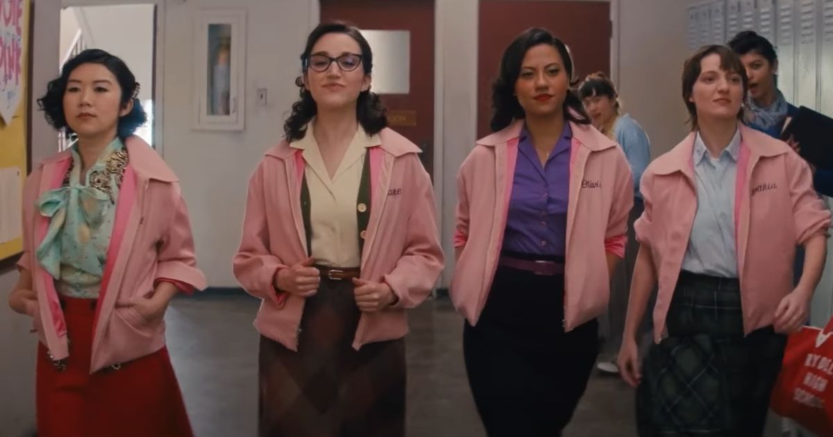Pink Ladies walking down the hall in Grease: Rise of the Pink Ladies
