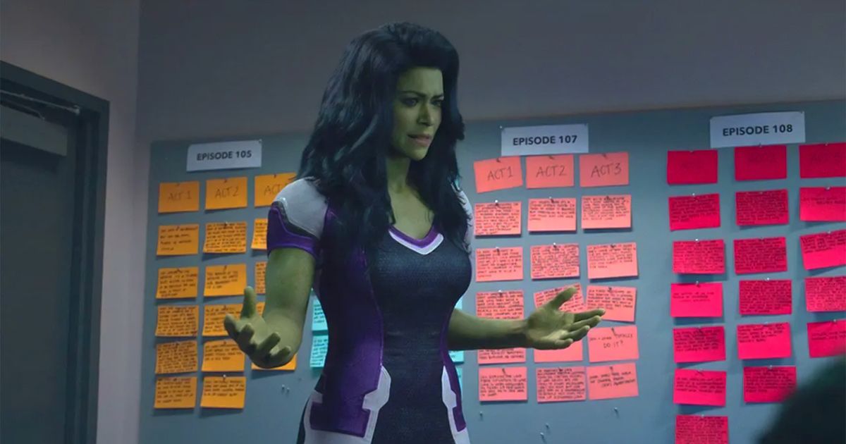 She-Hulk looking distressed in writer's room in Episode Nine.