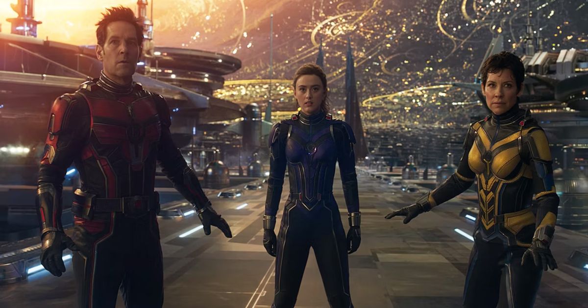 Paul Rudd, Evangeline Lily and Kathryn Newton in Ant-Man and the Wasp: Quantumania