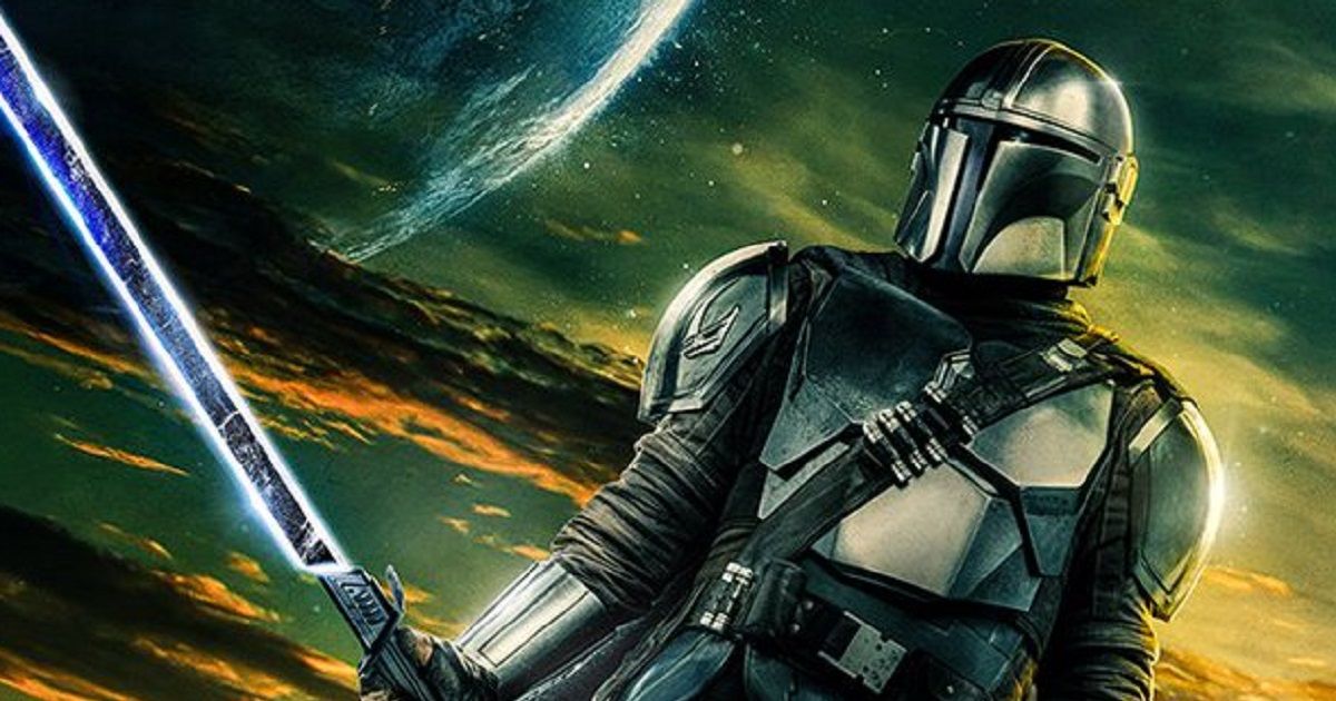 Mandalorian poster season three shows bounty hunter holding Baby Yoda