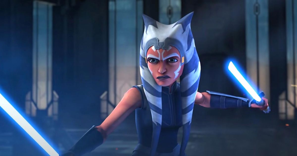 Ahsoka with two blue lightsabers