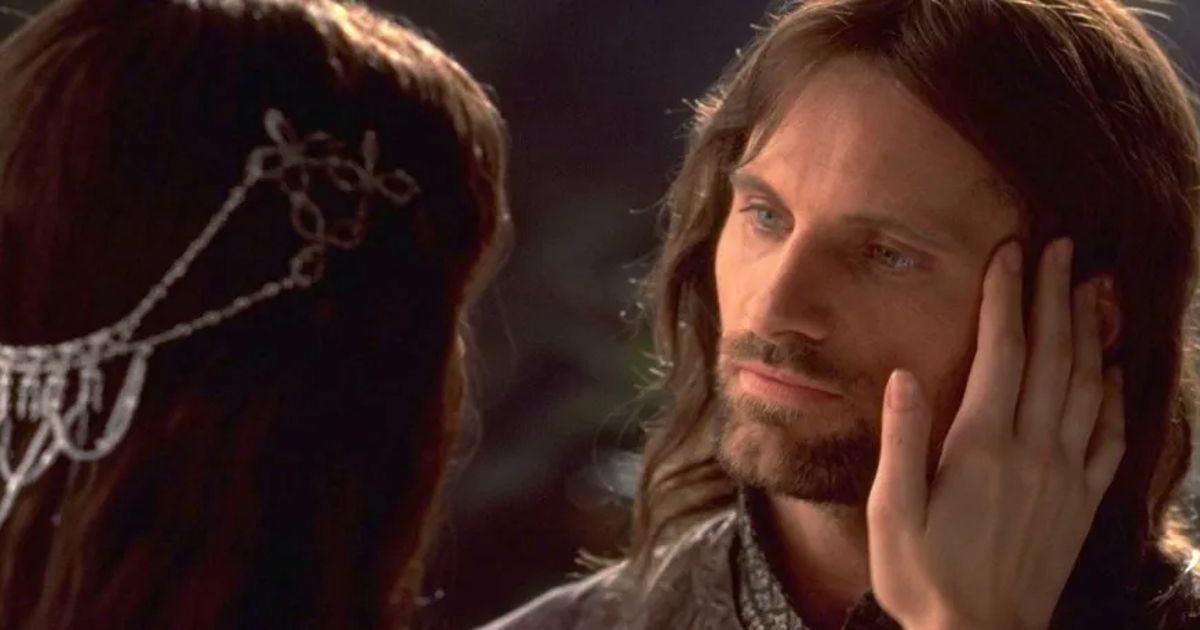 Liv Tyler as Arwen and Viggo Mortensen as Aragorn in The Lord of the Rings: The Fellowship of the Ring
