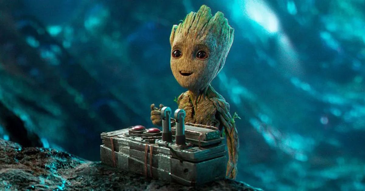 Baby Groot with two buttons in front of him