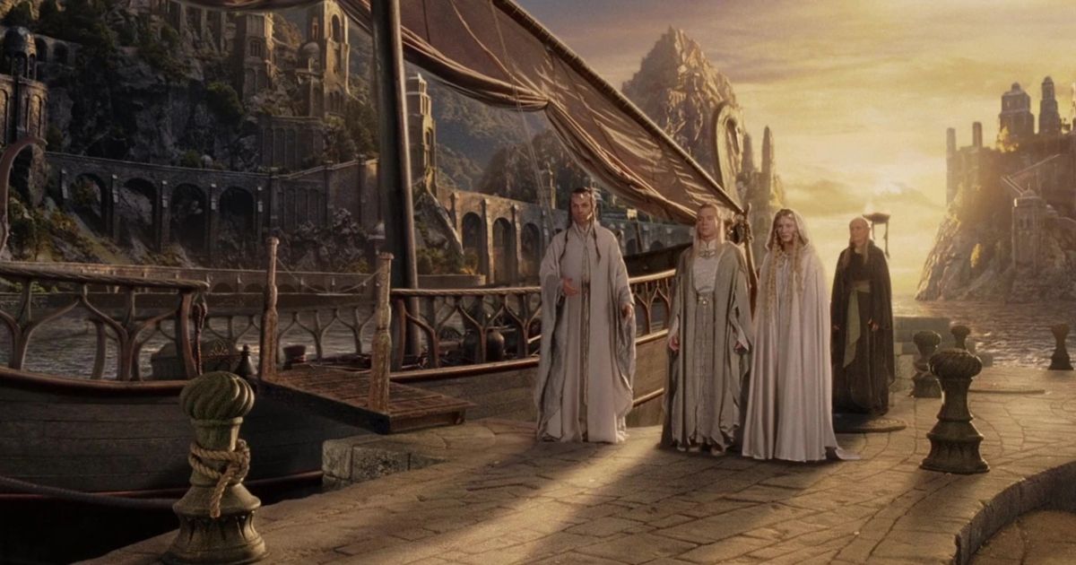 Cirdan stands behind Elrond, Galadriel and Celeborn at the end of The Lord of the Rings