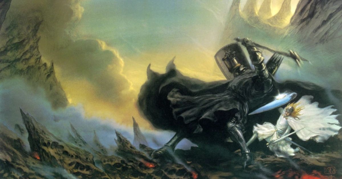 Fingolfin fighting Morgoth - Lord of the Rings, art by John Howe