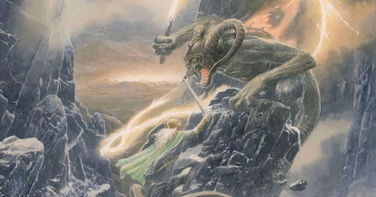 Glorfindel fights a Balrog in The Fall of Gondolin, The Lord of the Rings, art by Alan Lee
