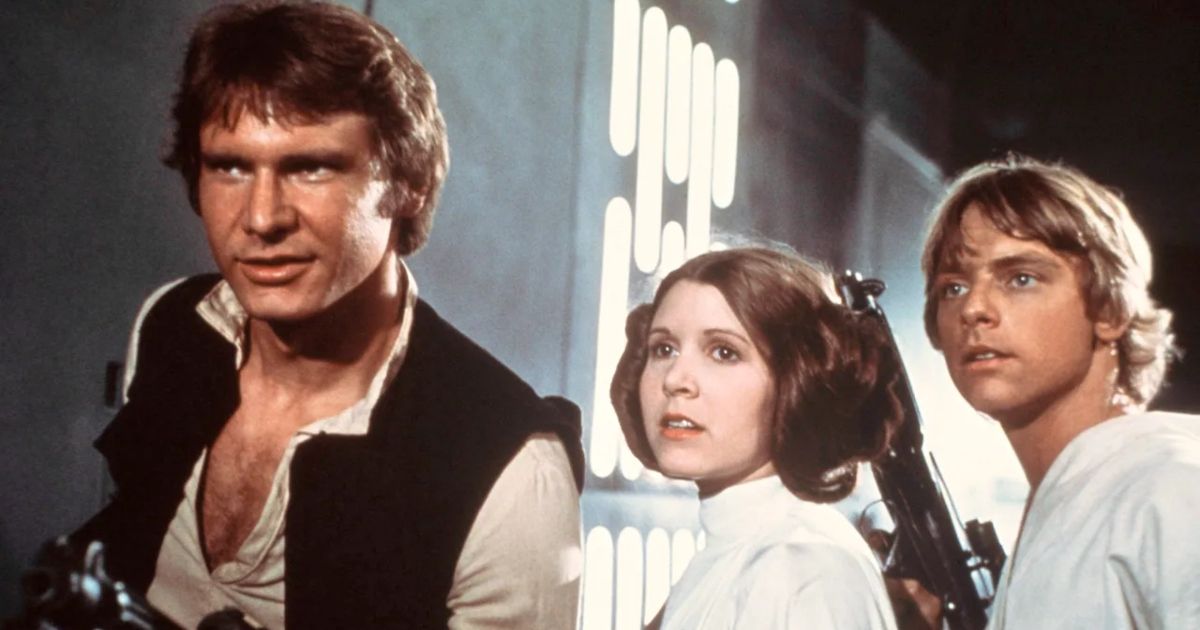 Han Solo, Leia Organa e Luke Skywalker em Star Wars: Episódio IV - Uma Nova Esperança