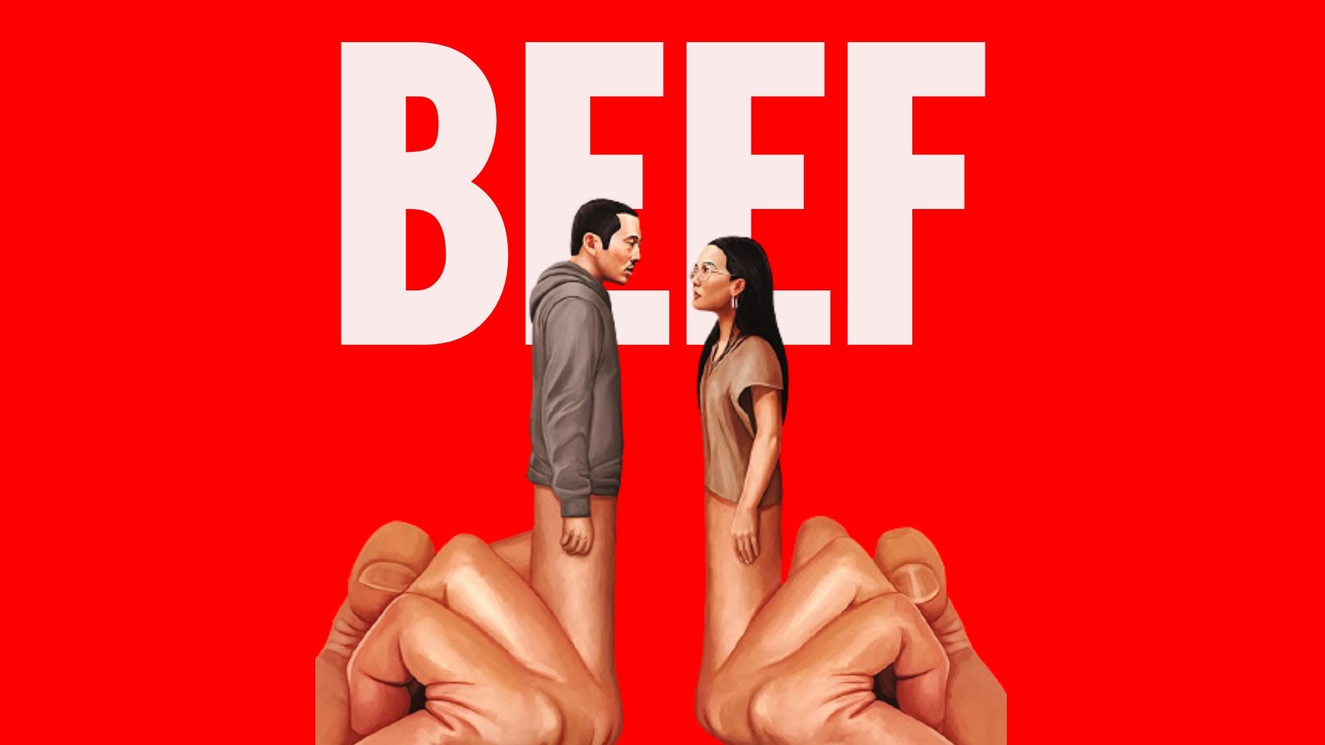 Steven Yeun and Ali Wong as middle fingers in the Netflix series BEEF