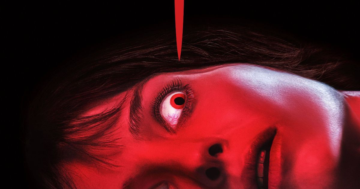 A poster for Malignant with a small red knife about to pierce a woman's eyeball.