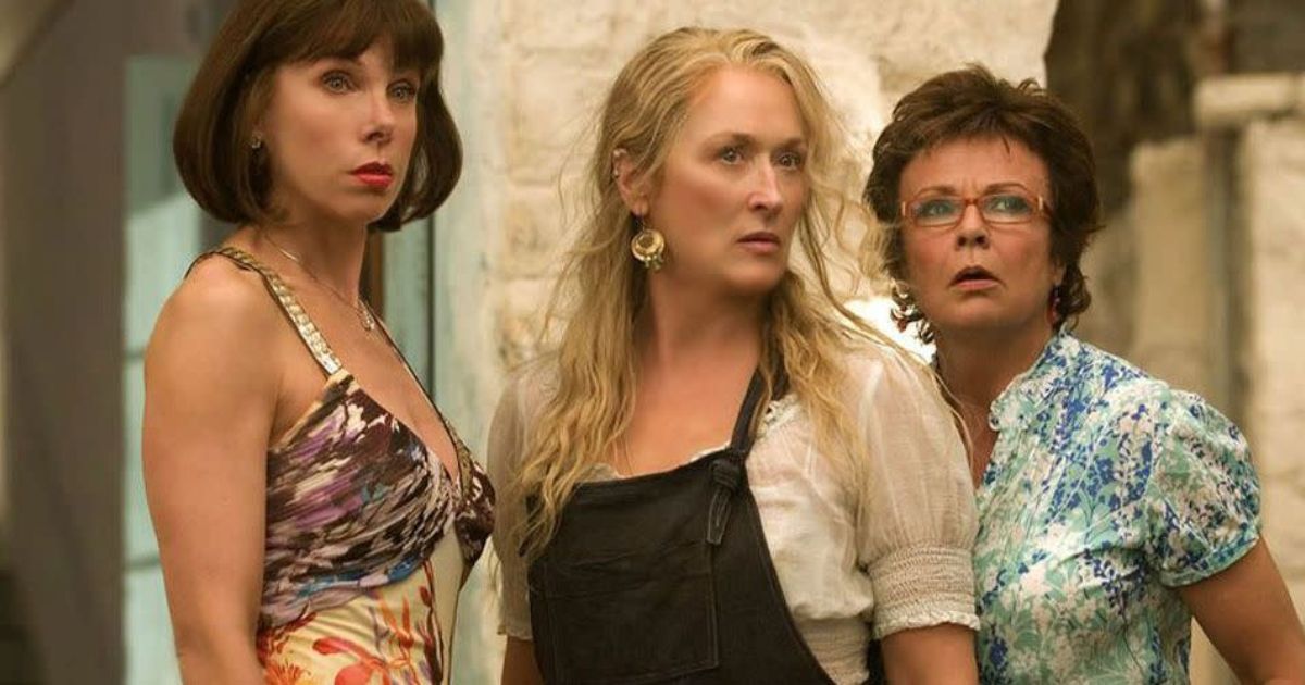 Christine Baranski as Tanya, Meryl Streep as Donna and Julie Walters as Rosie