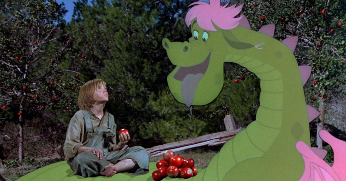 Pete sitting on the stomach of an animated green dragon eating apples