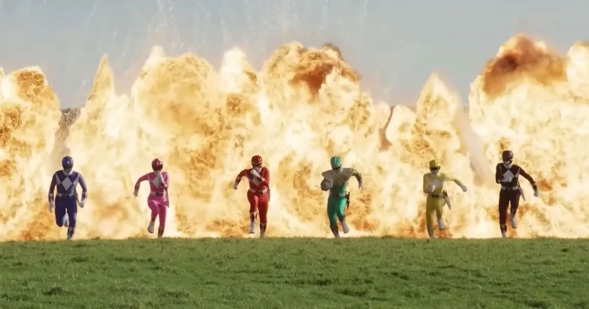 Power Rangers escape from an explosion 