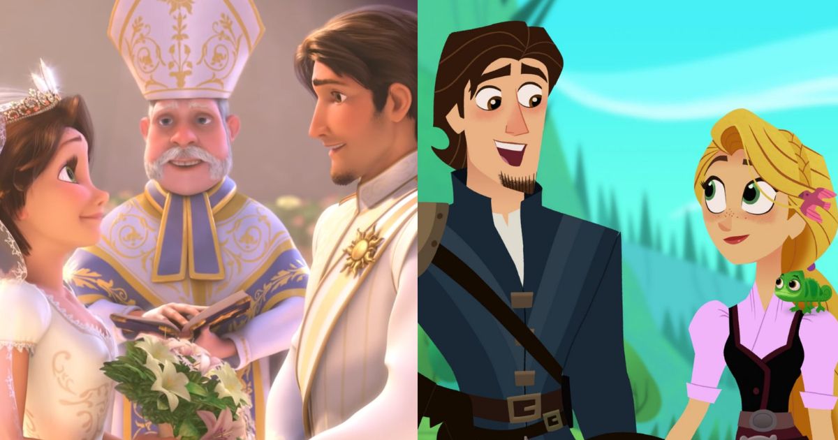 Rapunzel and Eugene in Tangled Ever After's wedding scene and Rapunzel's Tangled Adventure's journey