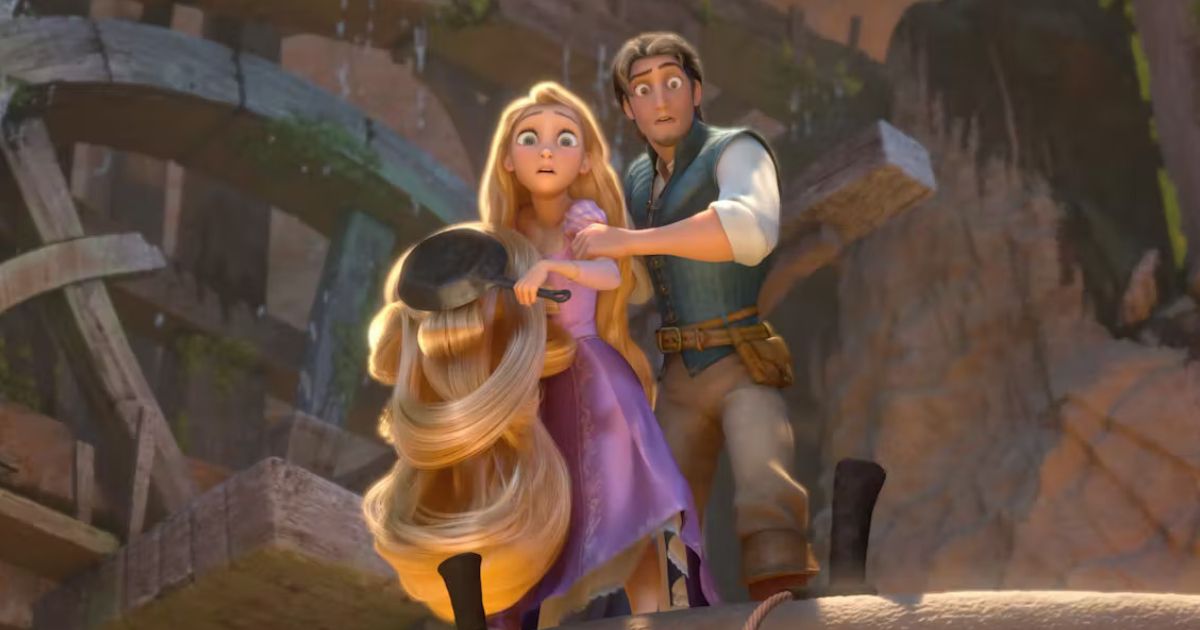 Rapunzel (Mandy Moore) and Eugene/Flynn Rider (Zachary Levi) at a dam in Tangled