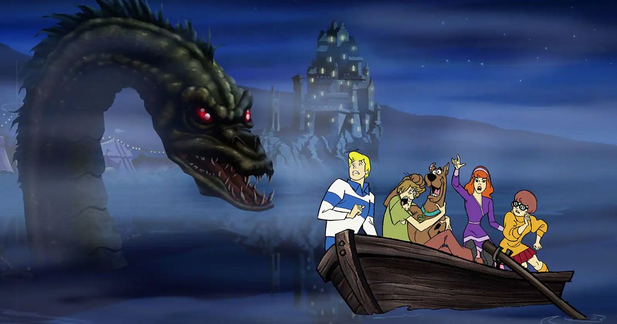 scooby doo gang in a boat with the loch ness monster behind them