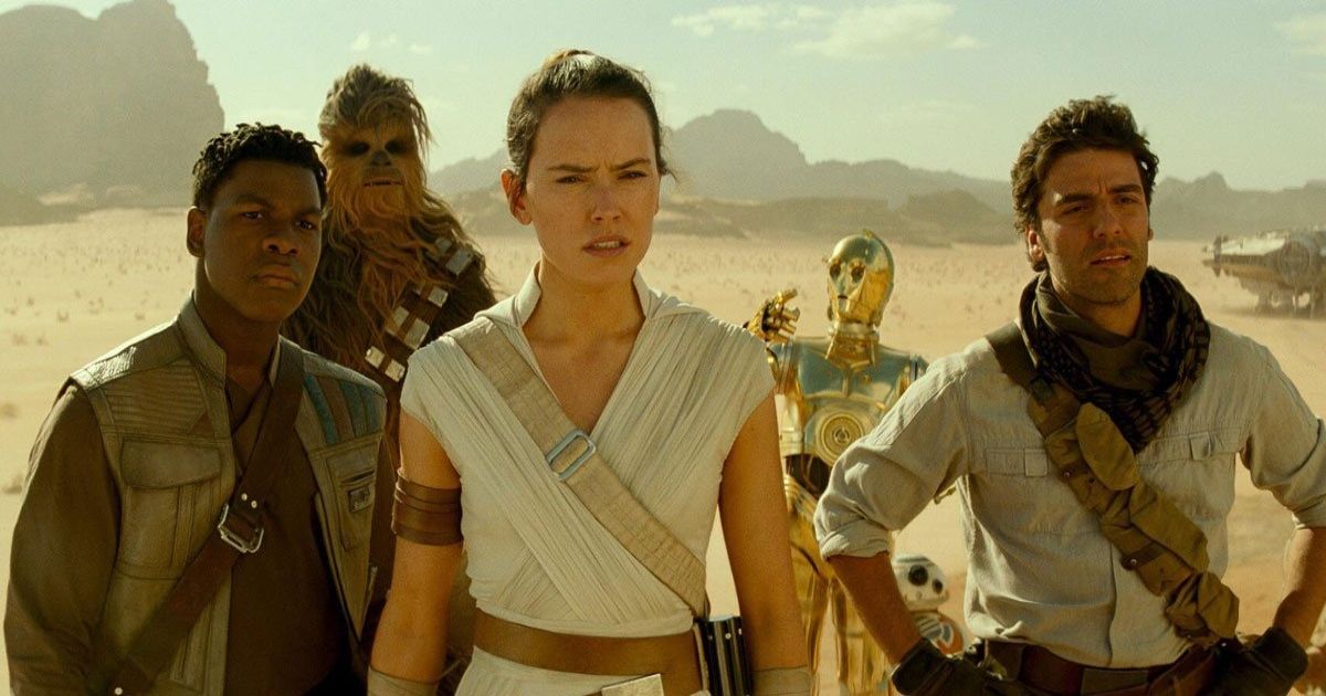 Rey, Poe, Finn, Chewbacca, and C-3PO in a desert in Star Wars: The Rise of Skywalker