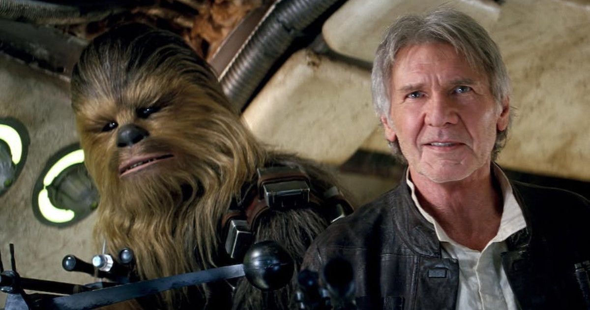 Harrison Ford as Han Solo with Chewbacca in Star Wars: Episode VII - The Force Awakens