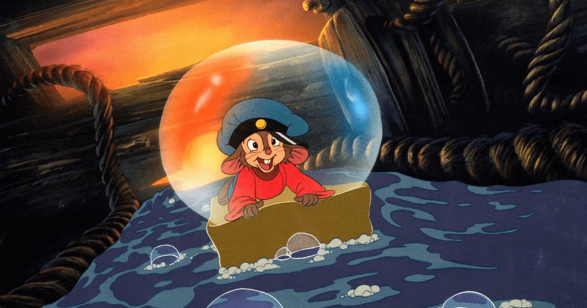 Fievel from An American Tail floats down some soapy water thrown out in a little sponge. 