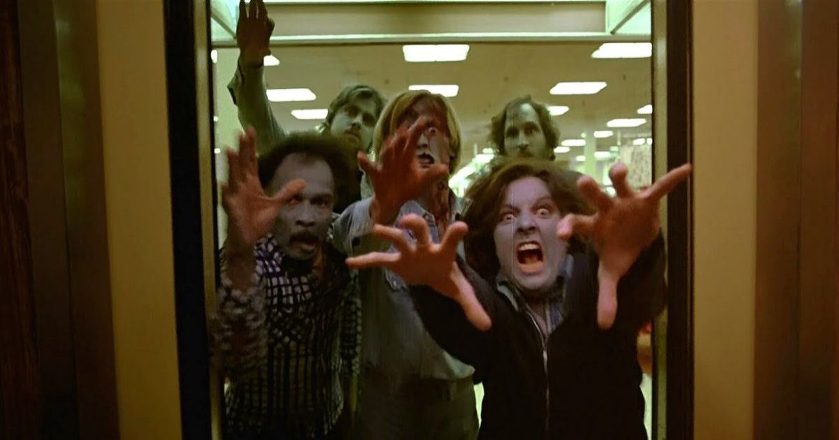 Dawn of the Dead zombies enter in elevator in the George Romero film