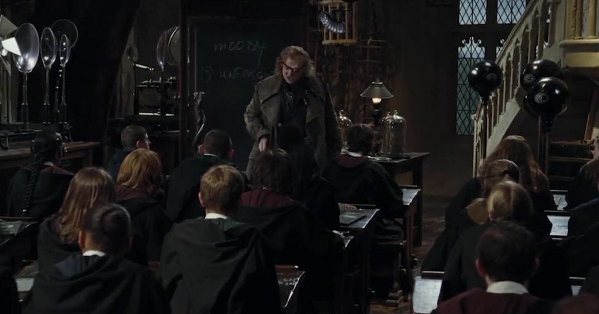 Defense Against the Dark Arts teacher Mad-Eye Moody teaches class in Harry Potter