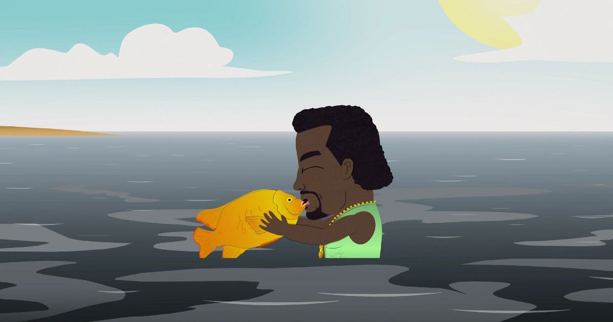 Kanye West is in a body of water French kissing a fish.