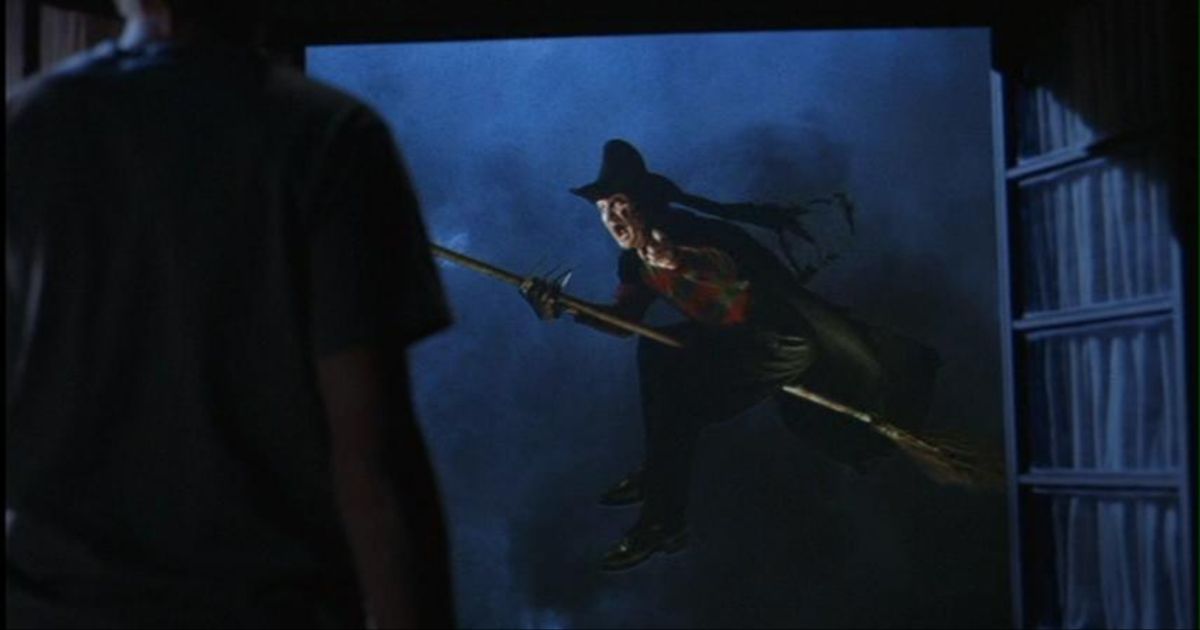 Freddy Krueger riding on a broom
