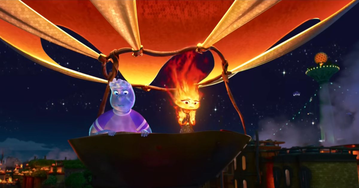 Wade and Ember on a hot air balloon in Pixar's Elemental