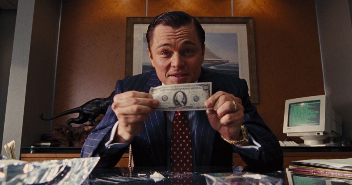 Leonardo DiCaprio as the stock broker Jordan Belfort in The Wolf of Wall Street