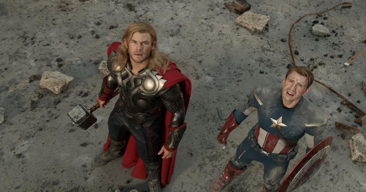 Chris Hemsworth as Thor and Chris Evans as Captain America in Marvel's The Avengers 2012