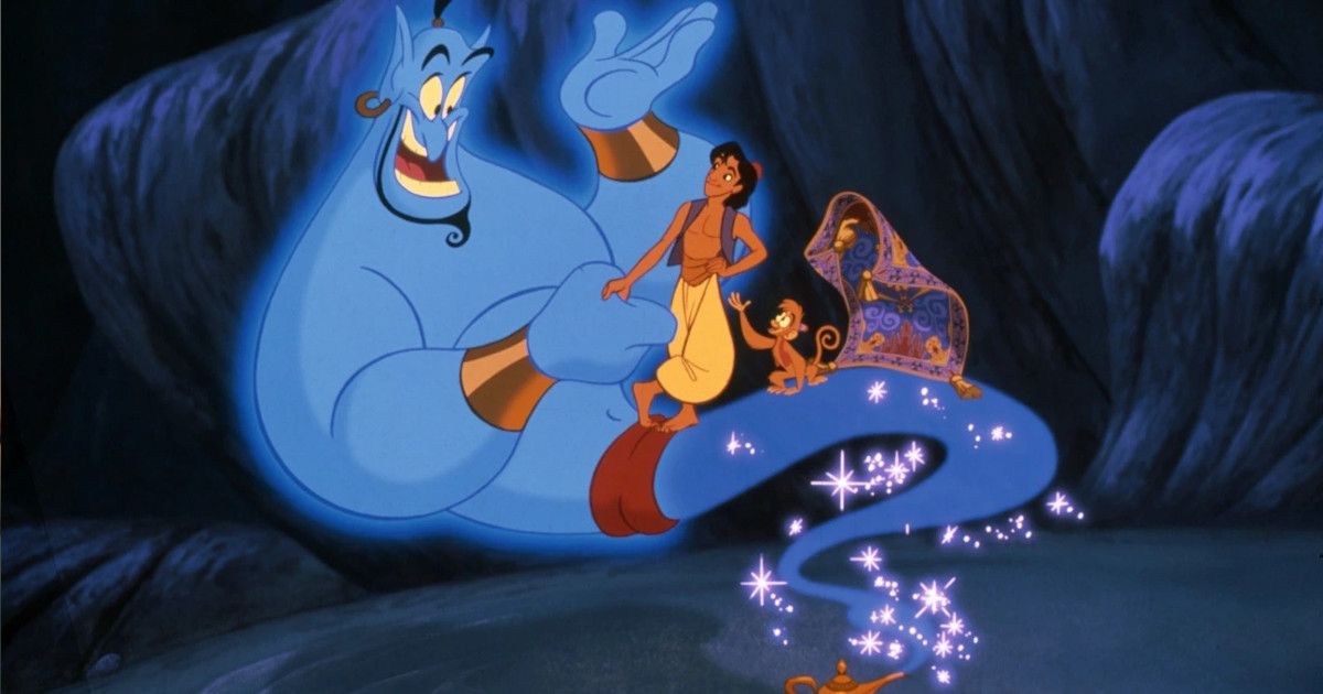 A genie coming out of a lamp with a child and money sitting on it.
