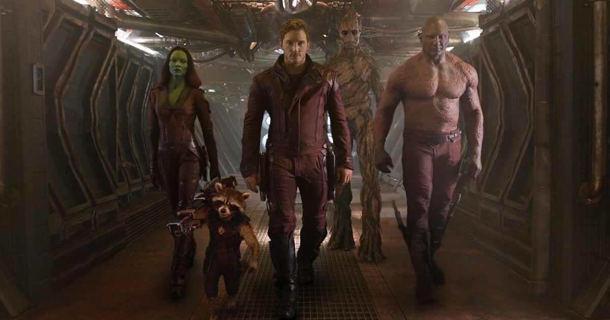 Star-Lord, Rocket, Gamora, Drax e Groot em Guardiões da Galáxia da Marvel