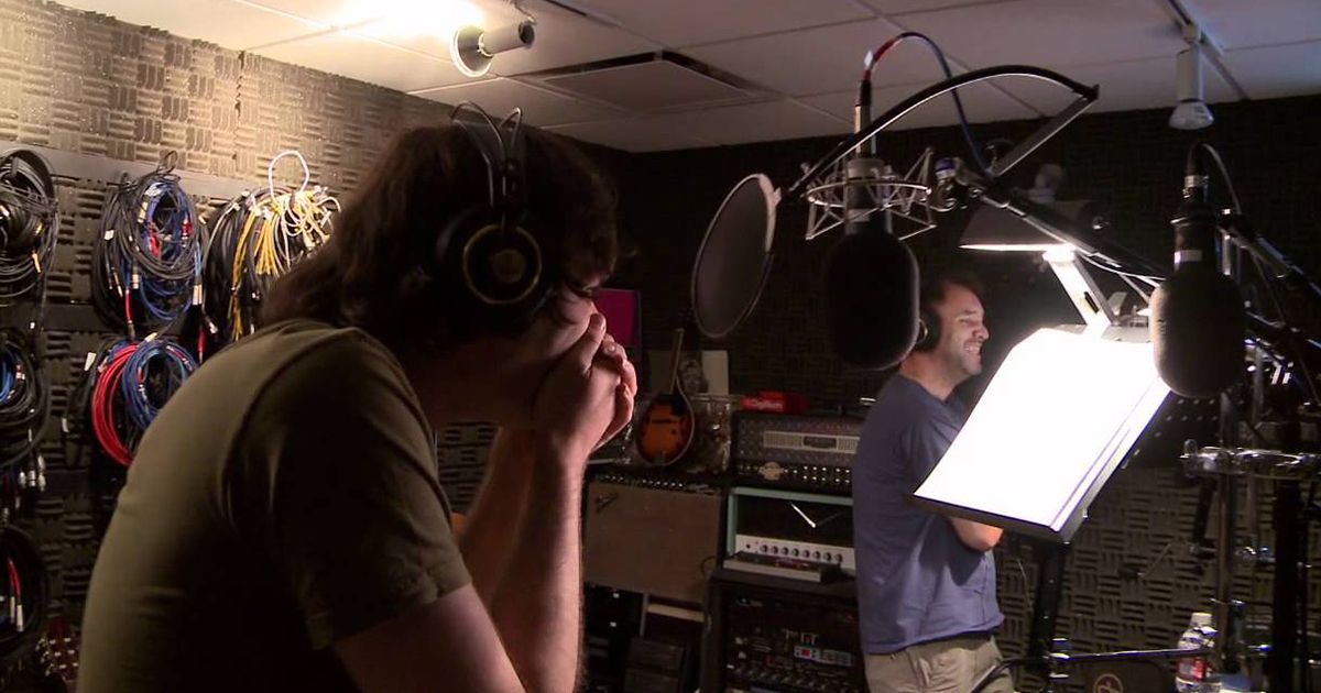 Trey Parker and Bill Hader recording South Park in Six Days to Air