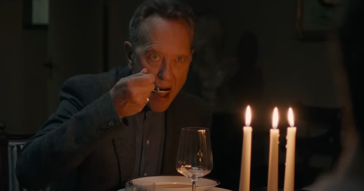 Richard E. Grant eating soup in The Lesson
