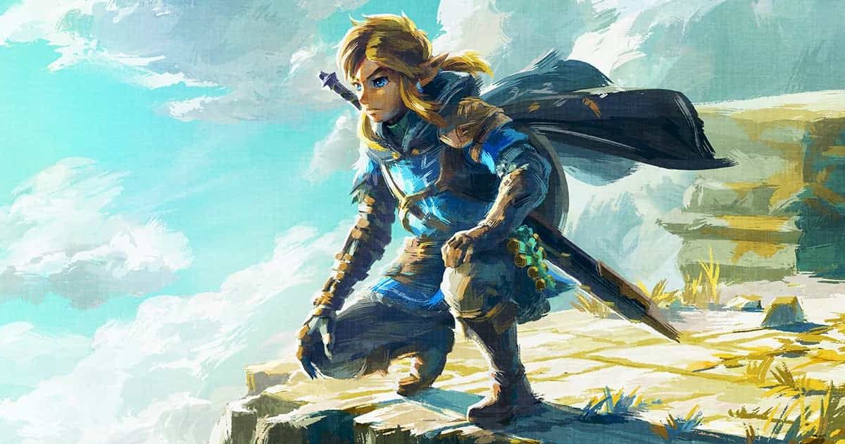 Link crouching near the edge of a sky isle in The Legend of Zelda Tears of the Kingdom