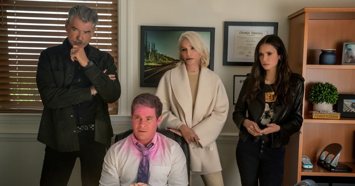 Pierce Brosnan, Adam Devine, Ellen Barkin and Nina Donev in The Out-Laws