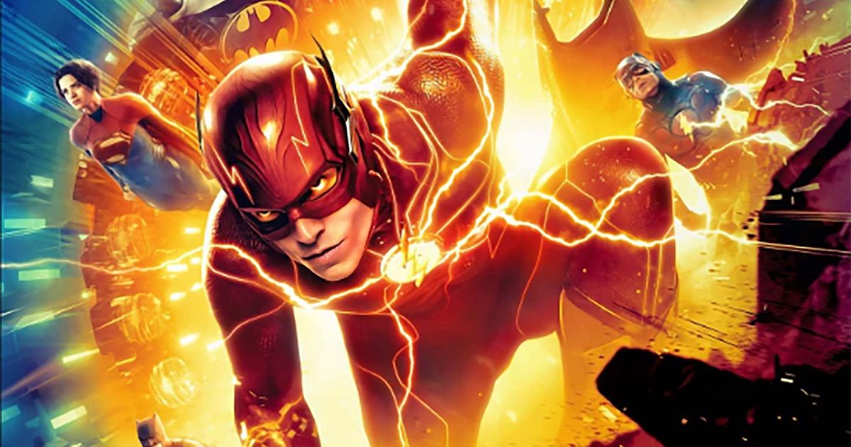 Promo art for The Flash with Ezra Miller front and center, and Supergirl flying to his left with the Batwing and the multiverse version of The Flash to his right.