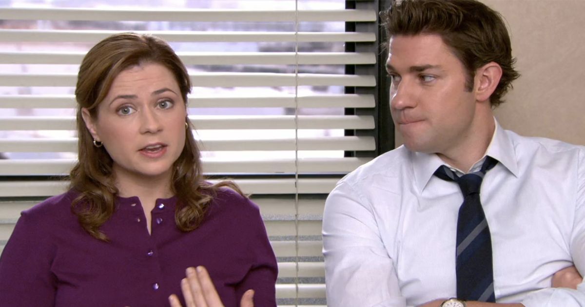 Pam talking with Jim at her side