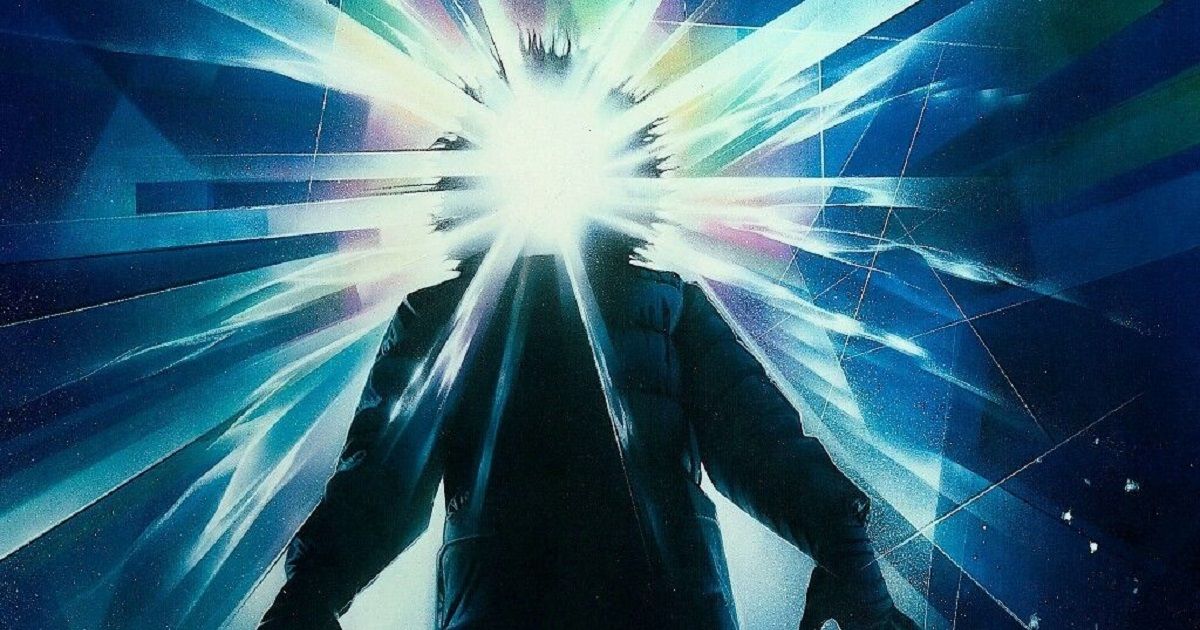 John Carpenter's The Thing (1982) poster with a man in a winter jacket has a bright white light beaming from his face.