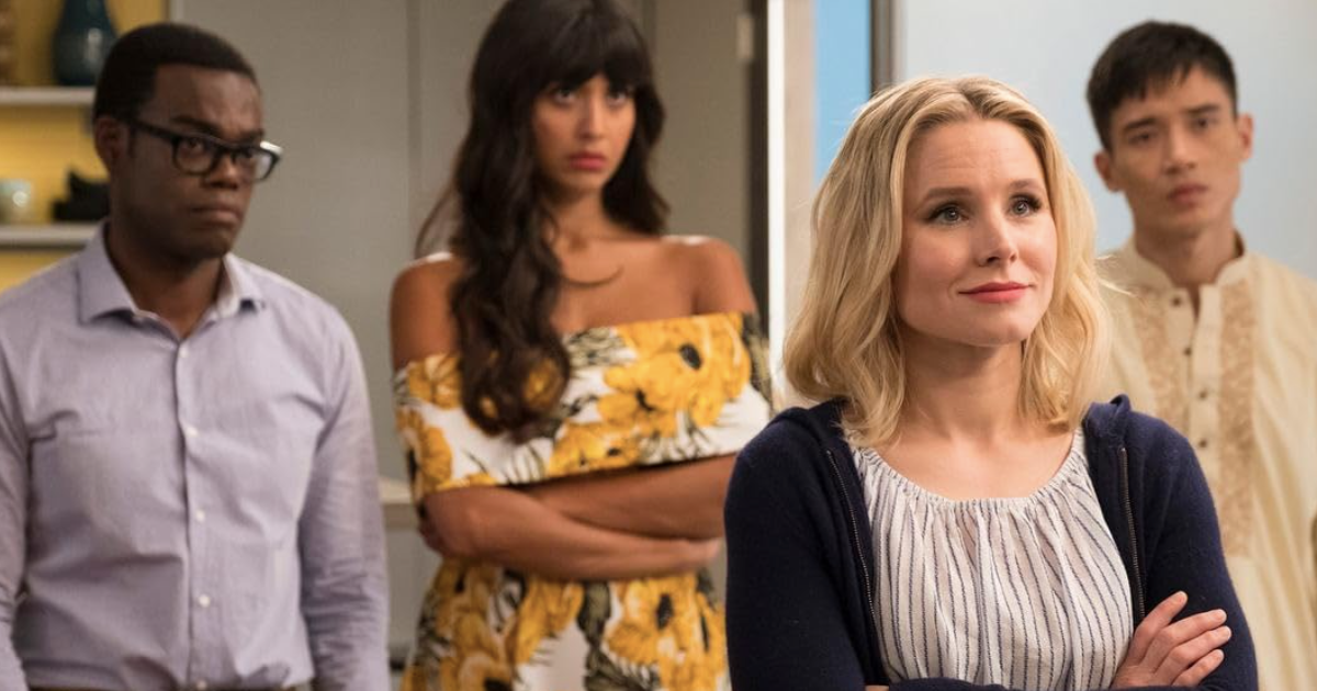 William Jackson Harper, Jameela Jamil, Manny Jacinto, & Kristen Bell in The Good Place