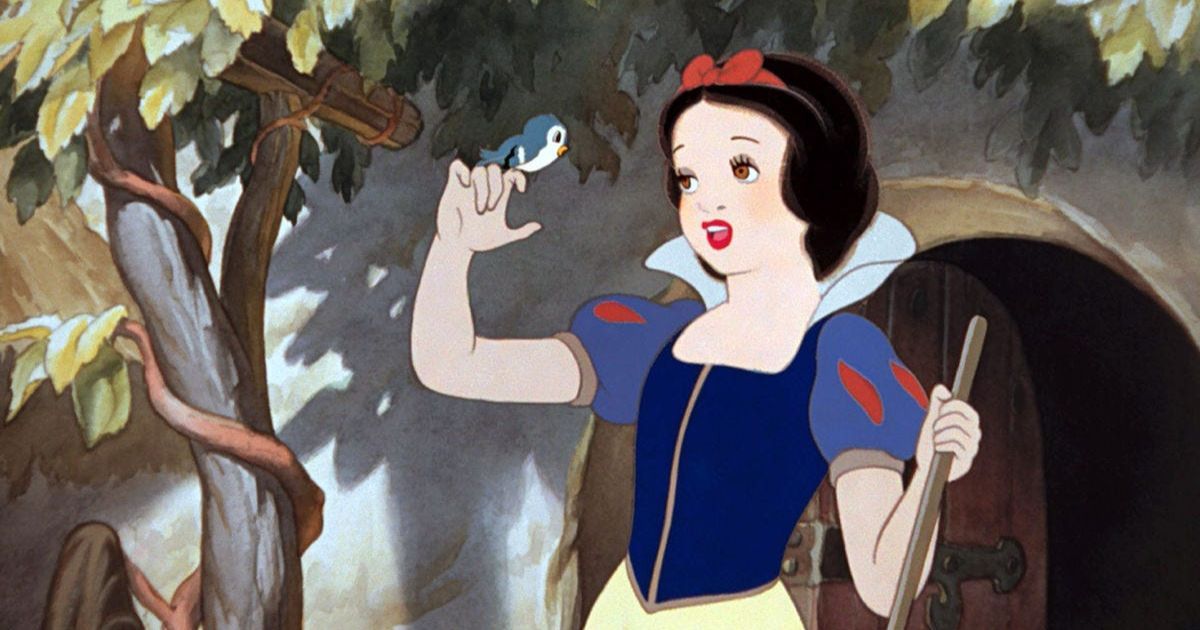 Snow White and the Seven Dwarfs, with Snow White singing as a bird lands on her finger.