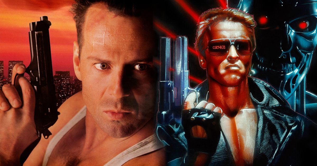 Split image of posters for Die Hard and Terminator
