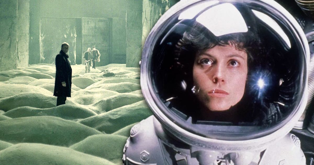 Split image of Sigourney Weaver in a spacesuit fro Alien and three men walking through the Zone from Stalker