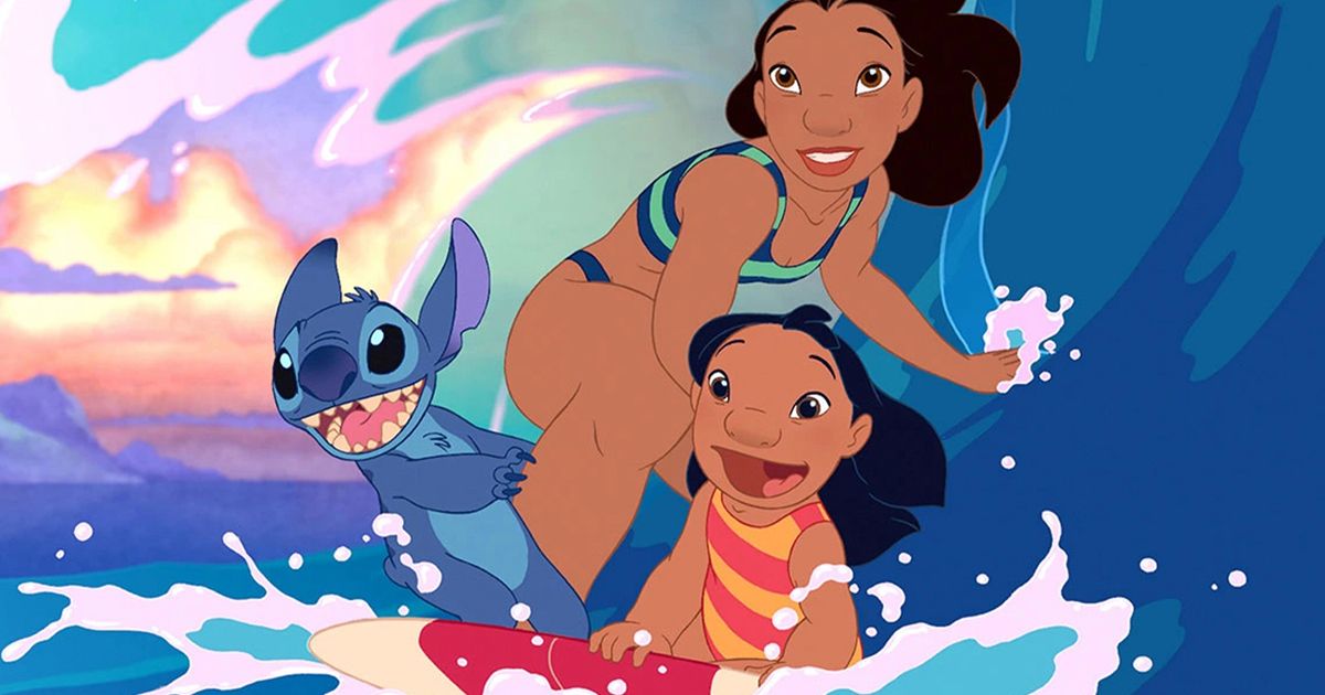 Characters from Disney's Lilo and Stitch surfing a wave 2